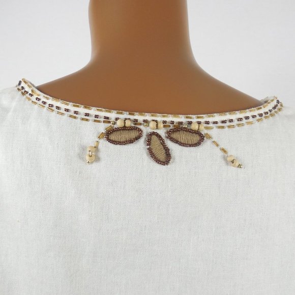 ANNE CARSON Top 2X Linen Blouse Ivory V-Neck Brown Embroidery Leaves Wood Beads - Picture 9 of 10